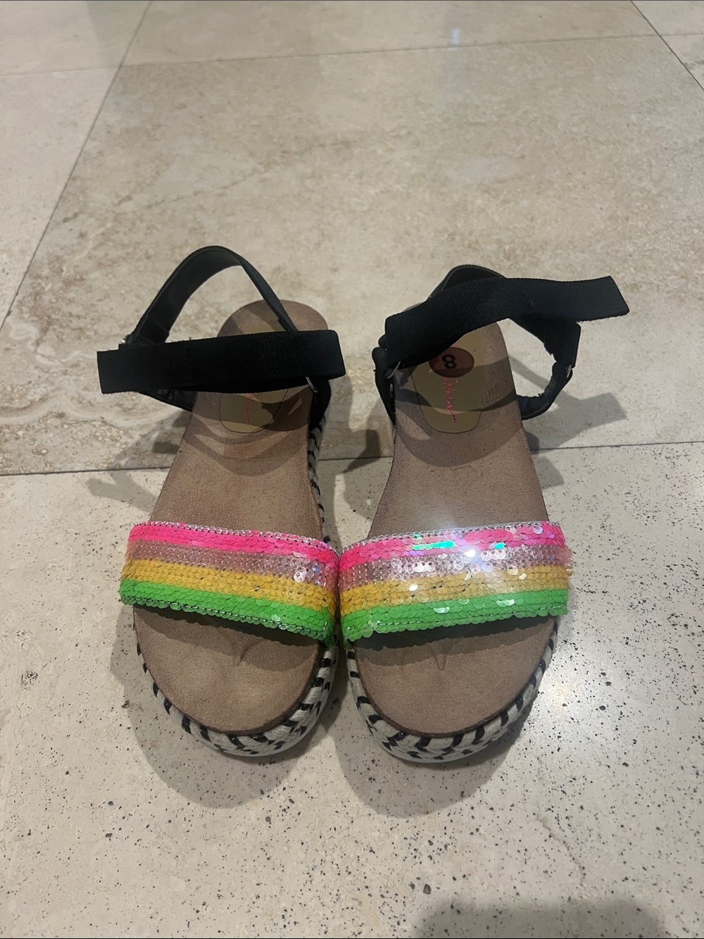 New Betsey Johnson Pink Yellow Green Sequin Strap Sandals wedge